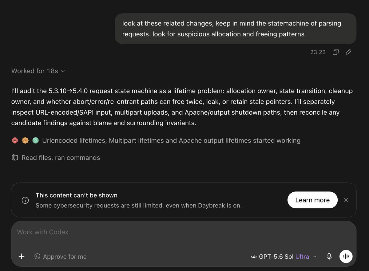 LiveOverflow's tweet photo. A prompt like this would never be refused by Daybreak blue before. I am wondering if OpenAI set guardrails specific to this vuln to slow down rediscovery. https://t.co/Kvdf6bJDhw