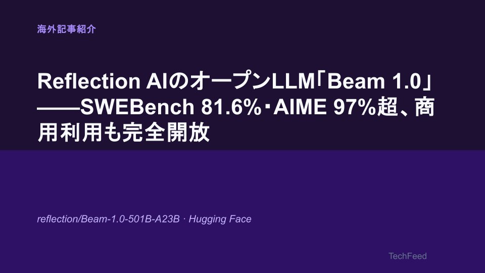 techfeedapp's tweet photo. Reflection AIがオープンウェイトLLM「Beam 1.0」を公開しました。SWEBench Verified 81.6%・AIME 2026 97.7%と高水準なベンチマーク結果を示しつつ、Apache 2.0ライセンスで商用利用・蒸留まで完全開放している点が注目です。

過去にベンチマーク不正疑惑があった同社だけに慎重に見る必要はありますが、詳細なモデルカードの公開など透明性への姿勢は前回より増しているように感じます。

Reflection AIのオープンLLM「Beam 1.0」——SWEBench 81.6%・AIME 97%超、商用利用も完全開放
https://t.co/1BiSZfoD7e