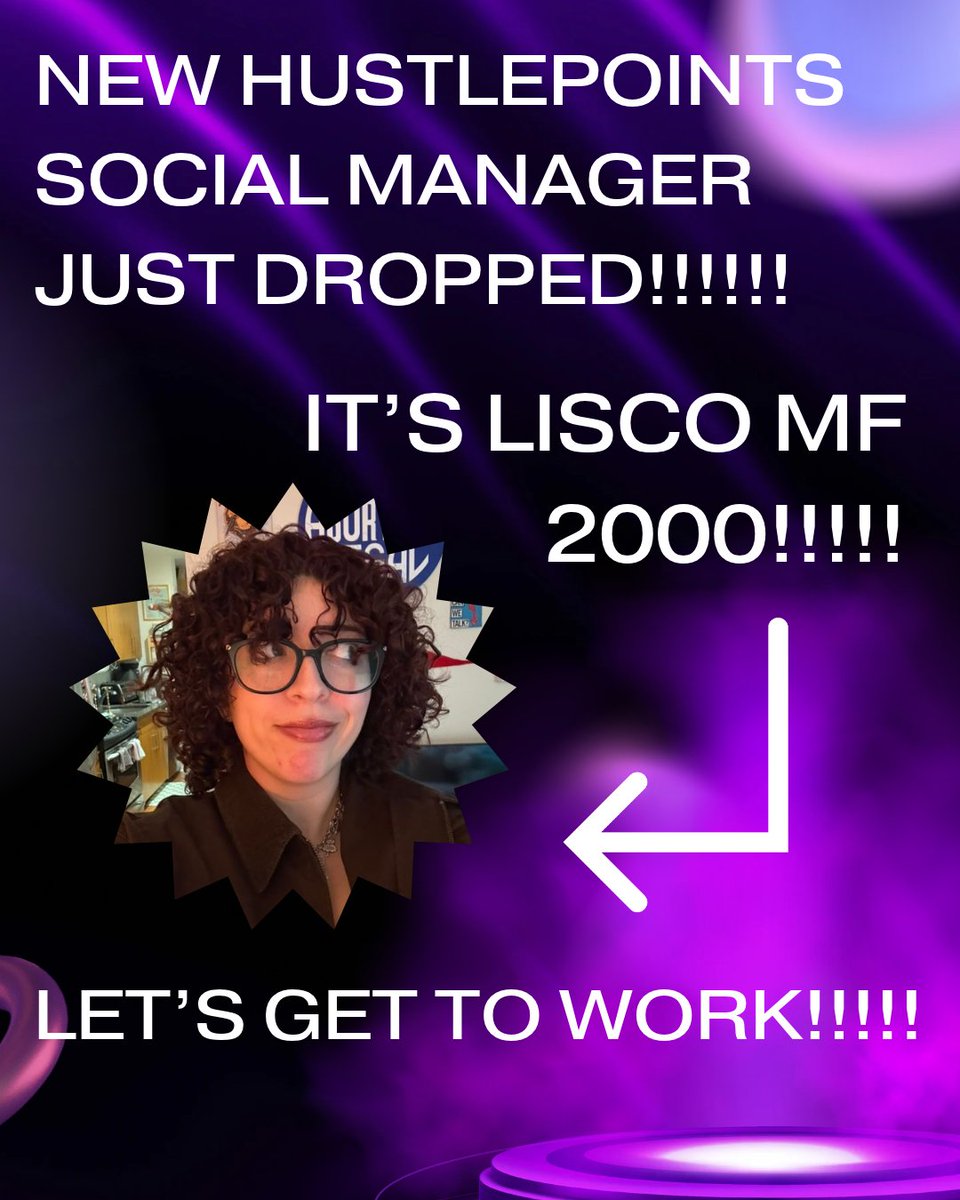 HustlePoints_'s tweet photo. a new era begins today.

our favorite chronically online algorithmic miracle-worker @lisco_2000 has taken over the hustlepoints social media accounts.

graphic design is not her passion. https://t.co/2Do5sL6k5I