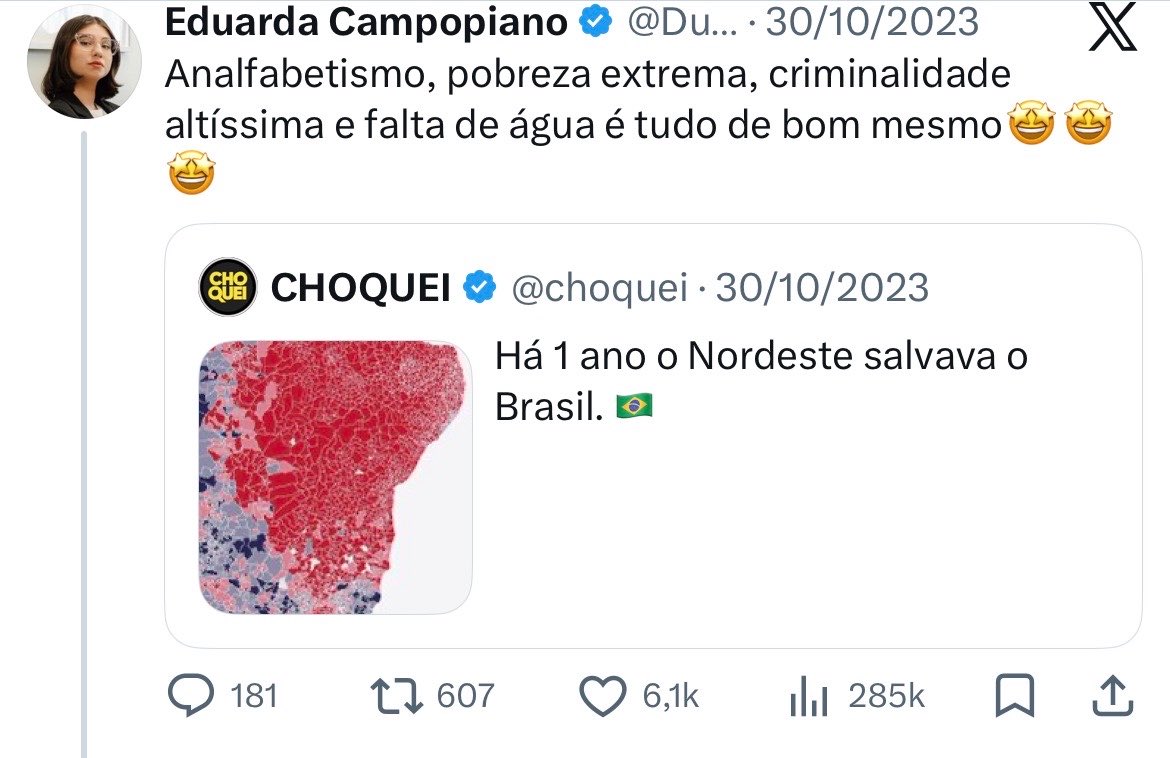 QGDAVALESCAA's tweet photo. Isso aqui é vc @DudaCampopiano ?? Em 2023 atacando os nordestinos?? https://t.co/T1uyTF4pj2
