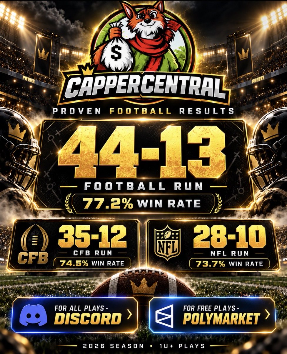 CentralCapper's tweet photo. 🏈 44-13 Latest Football Run (77%)
🏆 35-12 CFB Record (74%)
💰 28-10 NFL Record (74%)

Every pick is posted and tracked in the Discord.

🔥 Want ALL the plays? Join the VIP Discord.

✅ Want FREE plays? Join the Polymarket Squad.

🔗 Both links in bio.

Discord: https://t.co/Pv7kgb1Ncx

Poly Free: https://t.co/jflJB0bj1S