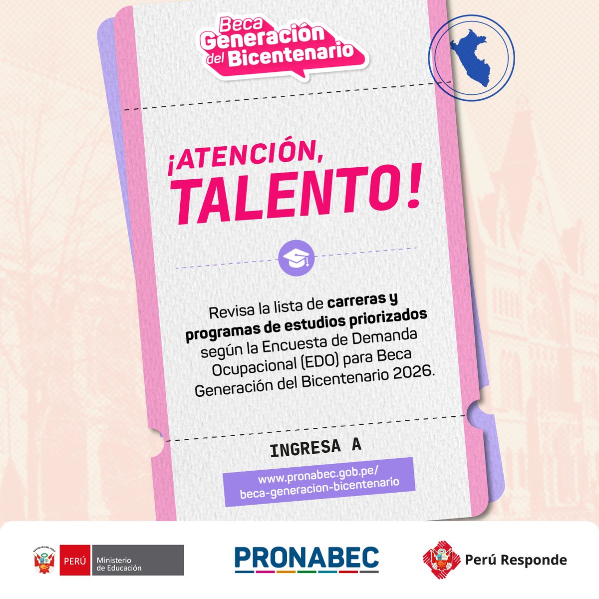 Pronabec's tweet photo. 📢 ¡Atención, talento profesional! 🎓 Revisa las carreras y programas priorizadas para #BecaGeneraciónDelBicentenario 2026 del #Pronabec. ¡Prepárate! 🙌🏼 La postulación inicia este viernes 30 de octubre.

📌 Más información en nuestra web ➡ https://t.co/NyXkko65n0 https://t.co/yJu6pFGNrP