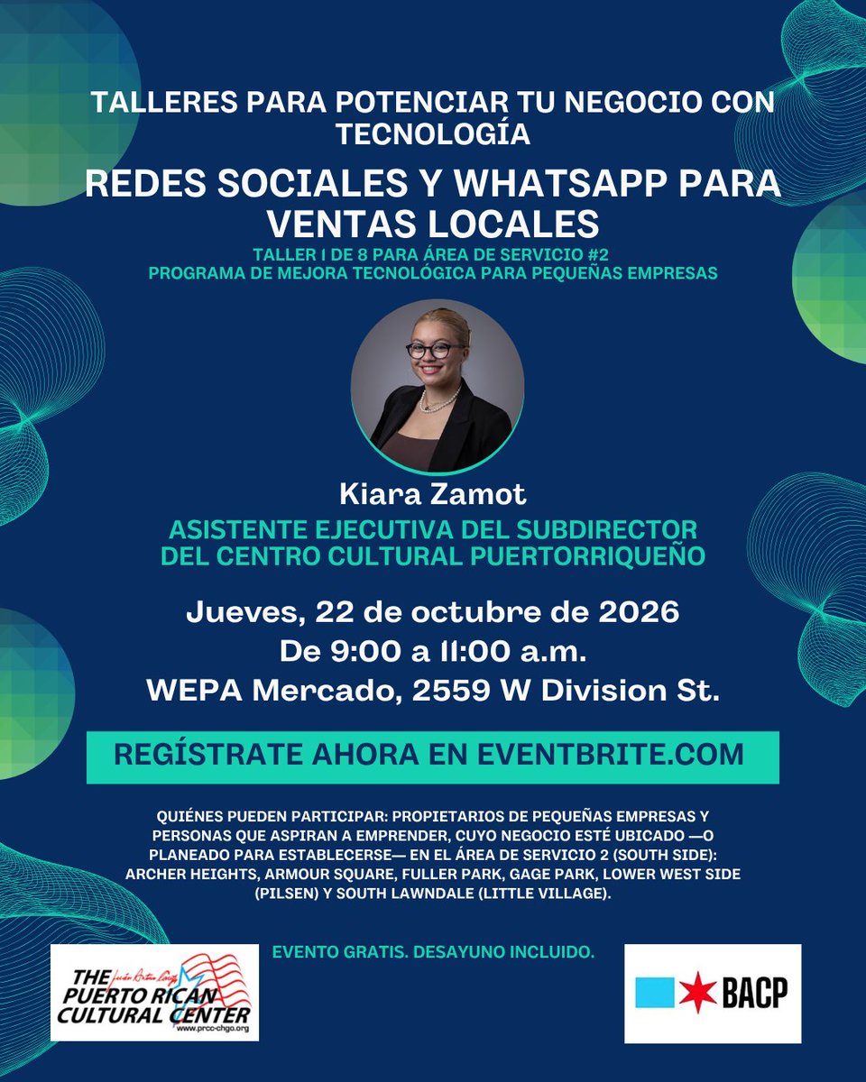 jacprcc's tweet photo. 📲 Grow your business with FREE tools for social media and WhatsApp! Join PRCC and @ChicagoBACP  for Tech Up Your Business with Kiara Zamot on Thursday, October 22, from 9 to 11 a.m. at ¡WEPA! Mercado del Pueblo (2559 W. Division St).

Open to small business owners and aspiring entrepreneurs in Service Area 2: Archer Heights, Armour Square, Fuller Park, Gage Park, Pilsen, and Little Village. 🔗 Register here https://t.co/oAHOfdQDak
—
📈 ¡Haz crecer tu negocio con herramientas GRATUITAS para redes sociales y WhatsApp! Acompaña al PRCC y BACP en Tech Up Your Business con Kiara Zamot el jueves, 22 de octubre, de 9 a 11 a.m. en ¡WEPA! Mercado del Pueblo (2559 W. Division St).

Dirigido a dueños de pequeños negocios y futuros emprendedores en el área de servicio 2: Archer Heights, Armour Square, Fuller Park, Gage Park, Pilsen y Little Village. 🔗 Inscríbete aquí https://t.co/oAHOfdQDak

#TechUpYourBusiness #PRCC #ChicagoSmallBusiness #PequeñosNegocios
