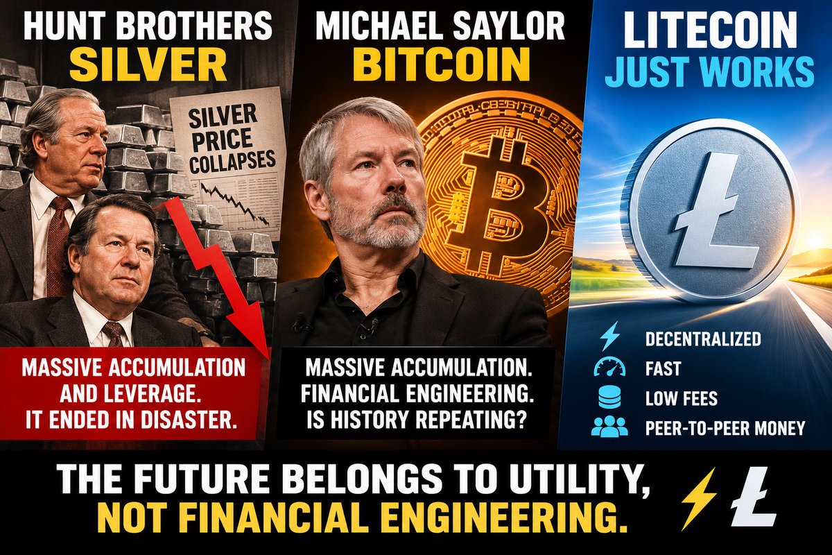 Edhdrew's tweet photo. The Hunt Brothers tried to corner silver. It ended in disaster.

Is Michael Saylor doing the same with Bitcoin?

Meanwhile, Litecoin just WORKS. ⚡Ł https://t.co/KuBnRrfoBL
