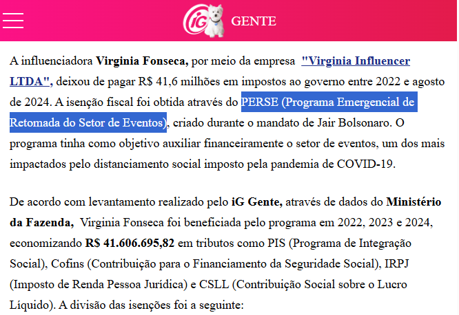 mrcsmata's tweet photo. Agora que vi que a Daniella Marques postou que se o Flávio ganhar vão voltar com o Perse, aquele programa criado na pandemia que deu R$ 41.600.000,00 (QUARENTA E UM MILHÕES e SEICENSTOS MIL reais) de isenção tributária para a VIRGÍNIA FONSECA

kkkkkkkkkkkkkkkkkkkkkkkkkkkkkkkkkkkk https://t.co/UrXqN8awTD