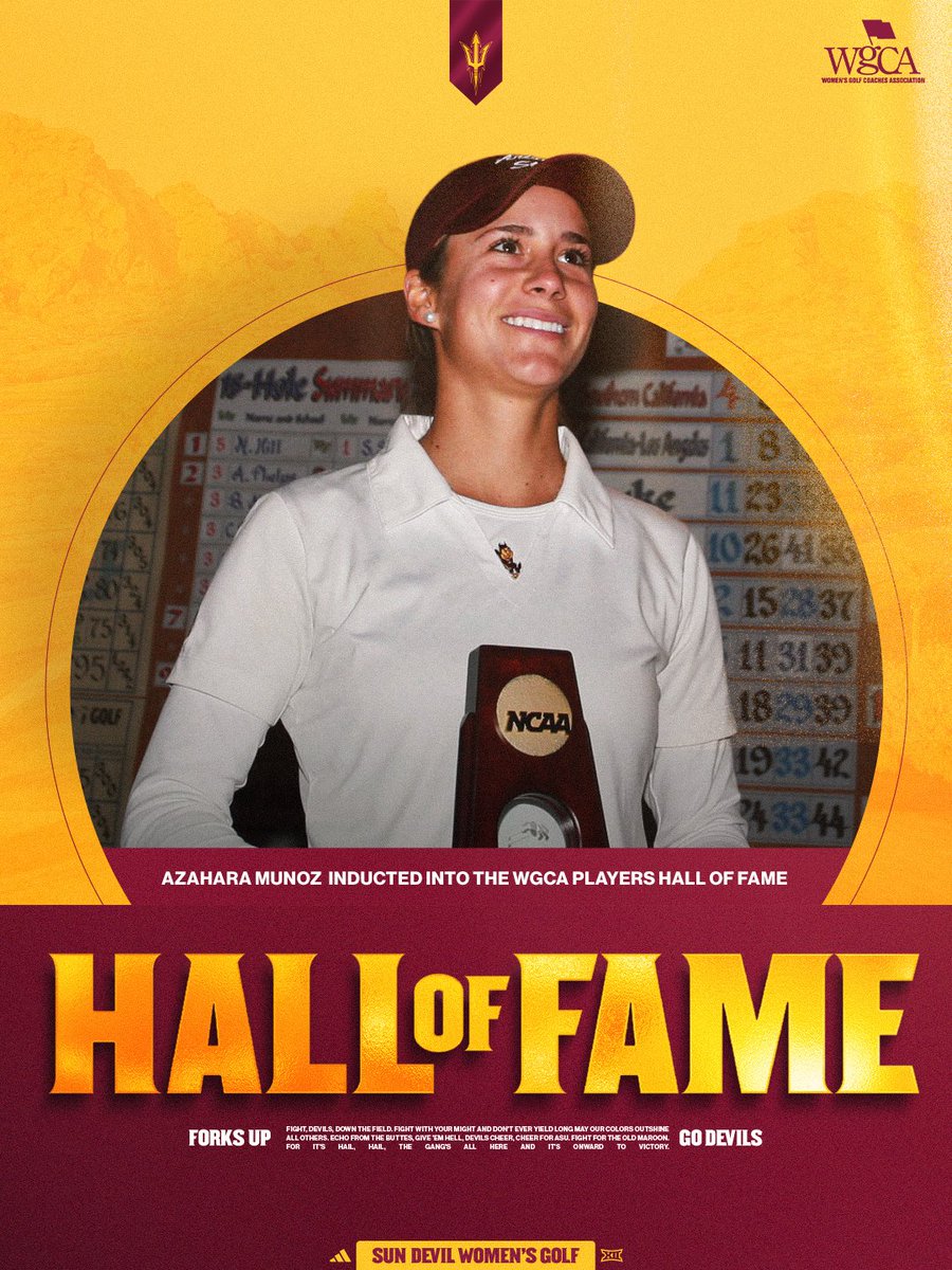 SunDevilWGolf's tweet photo. Another accolade for a Sun Devil legend! 🔱

Sun Devil Hall of Famer Azahara Muñoz is to be inducted into the @WGCAGOLF Players Hall of Fame as part of its 2027 Hall of Fame class in December for her contributions and excellence in the game of golf! 👏

#ForksUp /// #O2V https://t.co/NcgkGUqODA