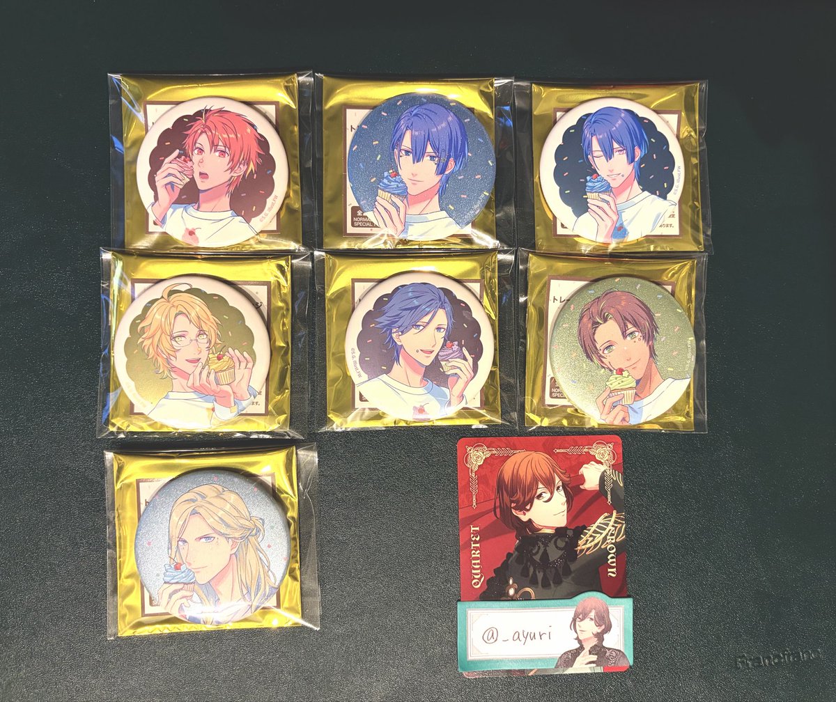 _ayuri's tweet photo. 【交換】うたプリ BGS BE MY CUP CAKE N缶バッジ 

譲▶︎ 音也 真斗 那月 トキヤ セシル カミュ

求▶︎ 嶺二

・以前の募集から条件を変更し、SP⇔Nの1:1交換も可能です。
・郵送希望（10/31 MOVIX広島駅での手渡しも可）

検索からもお気軽にお声かけくださいませ。
よろしくお願いいたします。 https://t.co/T7m4x6rh7w
