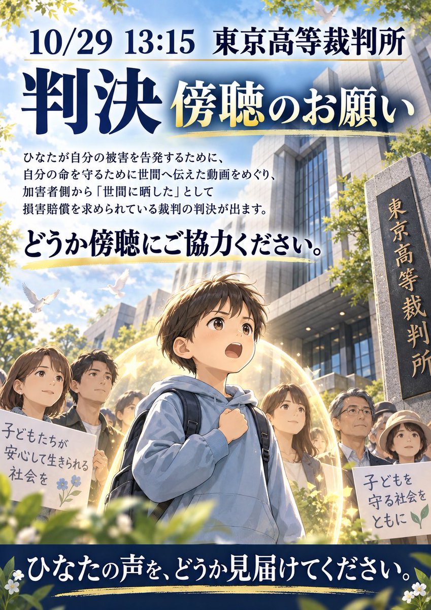 saveHINATA's tweet photo. 10/29、13:15より、東京高等裁判所でSNS損害賠償訴訟の判決が出ます。

被害児が、虐待被害を皆さんに伝えるために流した告発動画です。

親権者が加害者であるため、それまで事実を隠蔽されてきたことから、
ひなたは決死の覚悟で自ら世の中に訴えているのです。

しかしその動画でさえ加害者は、
「晒した」と言い、
罪であると言い、
悪事であると言い、
賠償金を払えと言い、

加害者にもかかわらず訴えを起こしました。

東京高等裁判所から判決が出ます。

多くの方に見届けていただきたいと思っています。
傍聴のご協力をお願いいたします。