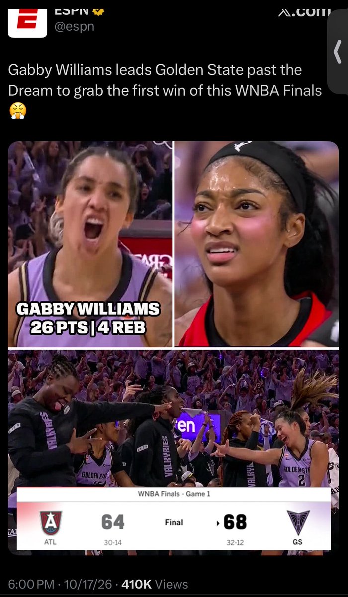 EugeneREQUIEM5's tweet photo. Immediately after game 1 of the WNBA finals ended at around 5:30pm on October 17, 2026, known white supremacist media outlet ESPN posted Golden State Valkyries highlights at Angel Reese’s expense.‼️

After game 2, however, ESPN didn’t post anything about the game until the next day, and it was just 1 post game quote at 1:14pm. They hate covering these Black athletes unless they can throw dirt on them.🚨

Don’t you know that we make these people very nervous and worried?
To them, the rise of Angel Reese was NEVER supposed to happen.🚨