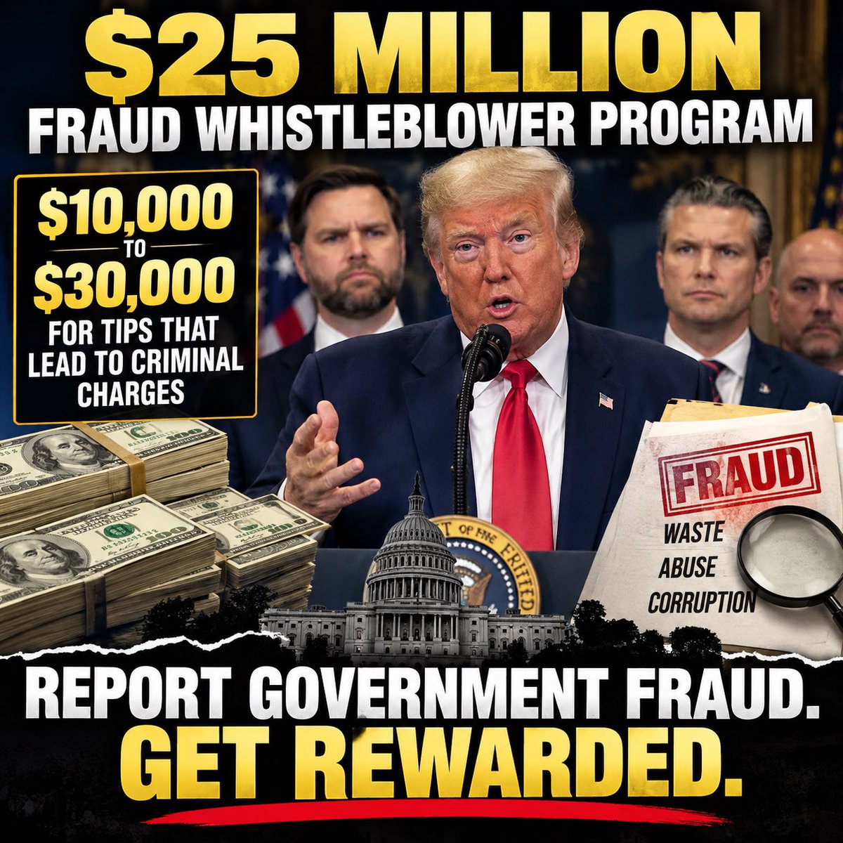 PapageorgioWV's tweet photo. Trump and Vance just rolled out a $25 million program to pay Americans $10,000–$30,000 for tips that expose federal fraud and lead to charges.
I want every thief locked up. But let’s be honest.
We already fund the FBI, DOJ, IRS, inspectors general, and entire agencies with billions of our tax dollars. Their job is to find this stuff.
Now the government is literally offering us reward money to do the work we’ve already paid them to do.
What the hell have they been doing?
And here’s the real test.
Will this same energy hit powerful corporations, government contractors, and politically connected operators stealing through contracts and subsidies? Or will it mostly land on ordinary people gaming benefits while the big players keep cashing checks?
Fraud is fraud. Doesn’t matter if it’s a benefits scammer or a billion-dollar contractor.
I support catching every single one of them. No exceptions. No protected classes. No sacred cows.
But if taxpayers are now doing the investigative work, maybe Congress needs to explain why we’re still dumping billions into agencies that apparently need the public to help them spot the obvious!

I reckon the first place someone should report is Capitol Hill!