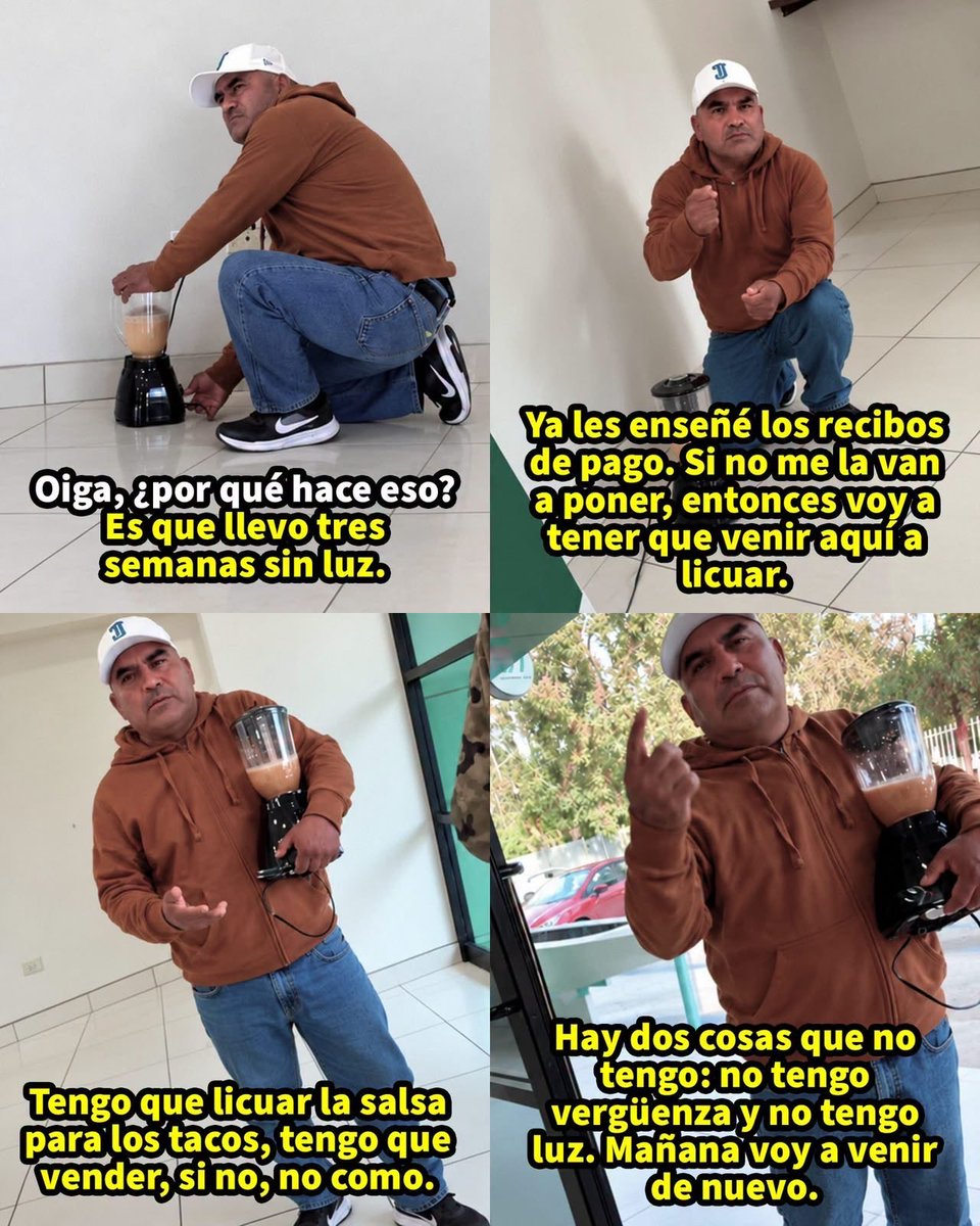 RincnCuriosoo's tweet photo. SEÑOR FUE A LA CFE A LICUAR LA SALSA DE SU TAQUERÍA

Después de varias semanas sin electricidad en su negocio, un taquero decidió llevar su licuadora directamente a las instalaciones de la CFE.

El hombre necesitaba preparar la salsa para seguir trabajando, así que aprovechó el lugar para conectarla y licuarla ahí mismo.

Con esto también mostró su inconformidad por llevar semanas sin servicio eléctrico, algo que ya está afectando directamente su negocio y sus ingresos.

Si no hay luz en la taquería, la salsa se hace en la CFE.