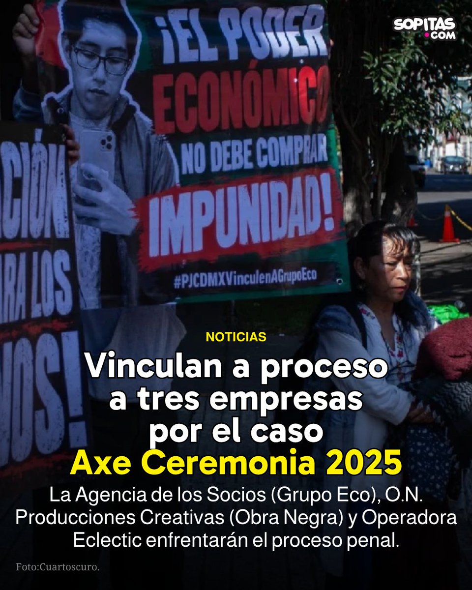 sopitas's tweet photo. Tres empresas fueron vinculadas a proceso por el caso Axe Ceremonia 2025, el festival donde murieron los fotoperiodistas Miguel Ángel Rojas y Berenice Giles mientras realizaban su cobertura.

Se trata de La Agencia de los Socios (Grupo Eco), O.N. Producciones Creativas (Obra Negra) y Operadora Eclectic, antigua administradora del Parque Bicentenario, según los reportes de 24 HORAS.

El alcance del proceso es distinto para cada empresa. De acuerdo con 24 HORAS, las dos primeras enfrentan el procedimiento por la muerte de Miguel Ángel; Eclectic, por la de ambos fotoperiodistas. El medio señala que la familia de Berenice alcanzó previamente un acuerdo reparatorio con las demás partes imputadas.