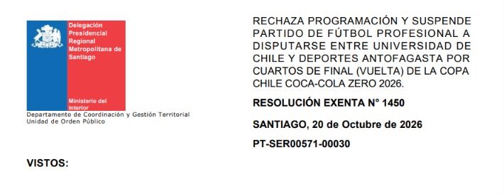 andre4hernandez's tweet photo. Suspendido también el @udechile/@ClubAntofagasta. El duelo no fue autorizado por la Delegación Presidencial @TNTSportsCL https://t.co/dQH2RwH7Ki