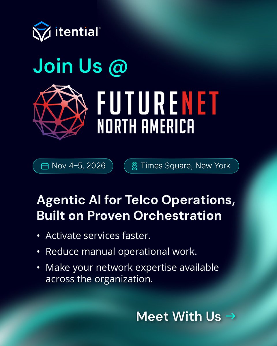 Itential's tweet photo. Join Itential at FutureNet NA 2026 from Nov 4 - 5 in New York!  

Connect with CTO @chris_a_wade + the team to explore how Itential can help make the operational capabilities you’ve already built accessible to AI. 

Meet with us + get tix 👇
https://t.co/kT2mWeVhuq

#FutureNetNA https://t.co/tO4O1RbD20