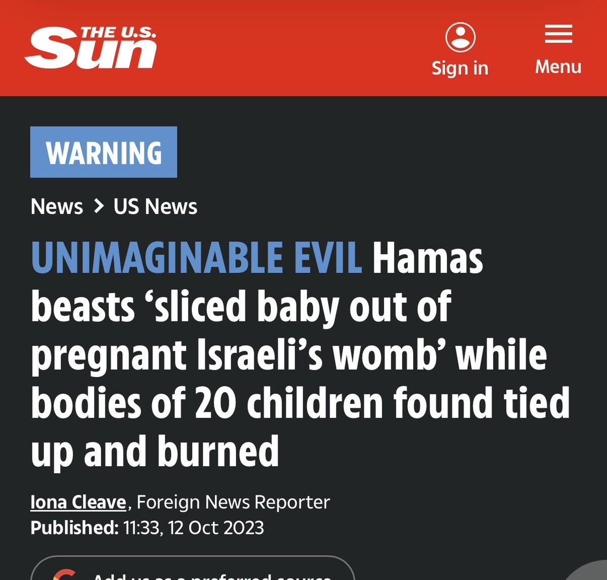 dlLambo's tweet photo. Still listed on the Sun website.

Totally debunked.
Totally false.
Totally manufactured.

Pushed out days after Oct 7 to permit a slaughter.

Still there despite being as fictional as a unicorn. 

Why?

https://t.co/ArSHfwQrhF https://t.co/sf5bPbtnPg