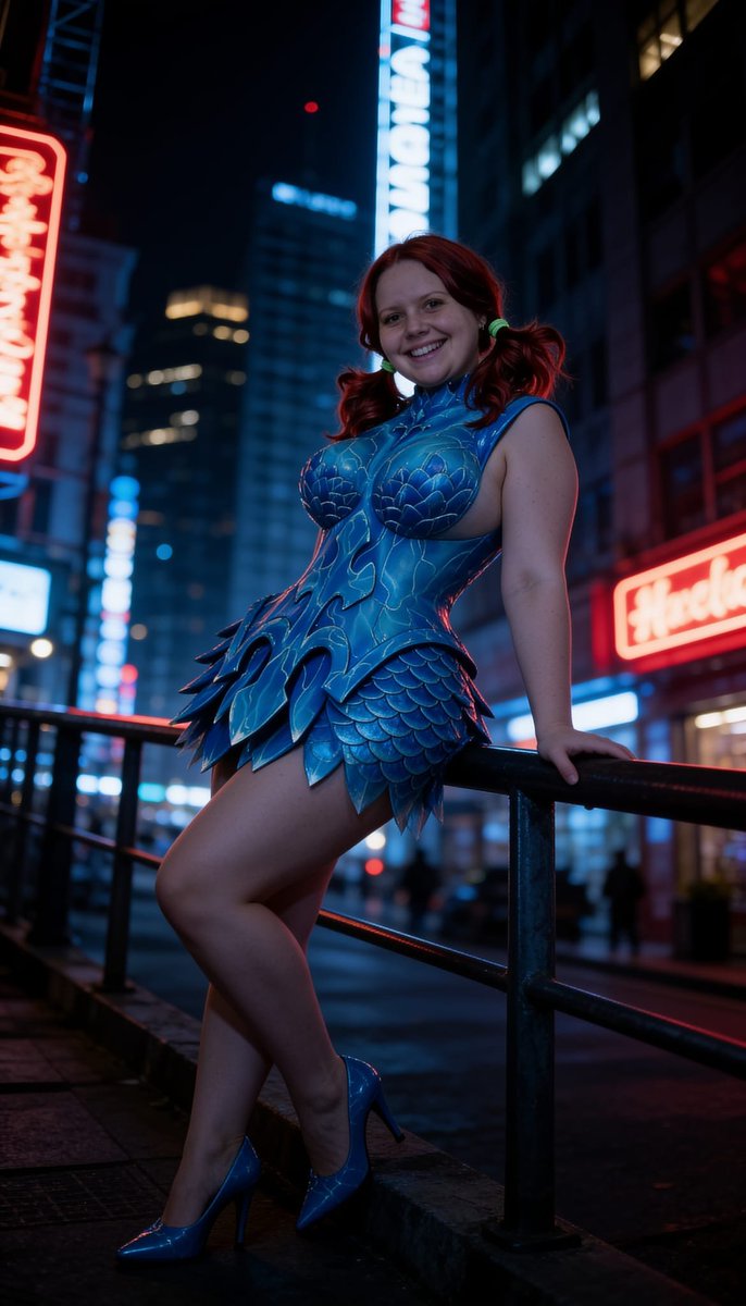 Lizzy1262629's tweet photo. Me in the city. Blue scale PVC dress with layered skirt, red pigtails, one leg up, neon towers behind me.
#BluePVC #ScalePrint #LayeredSkirt #RedPigtails #NeonCity #FetishFashion #NSFW #OneLegUp #Heels #NightLights #SmilingForward https://t.co/8faHsKnNuE