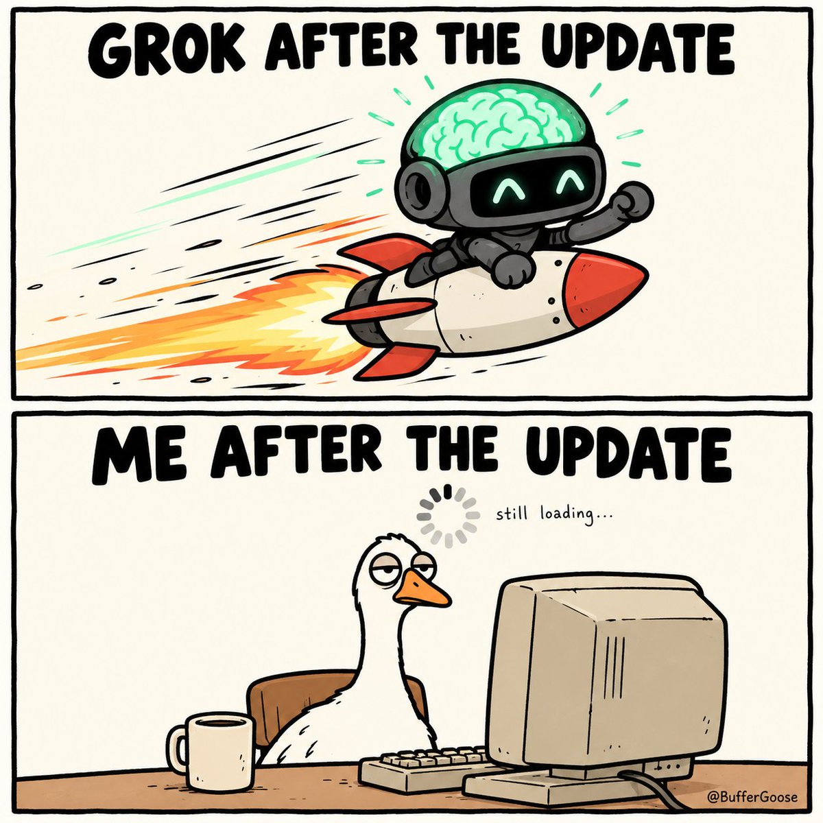 BufferGoose's tweet photo. @elonmusk Grok got faster.
The goose did not. https://t.co/A22P4HYo3A
