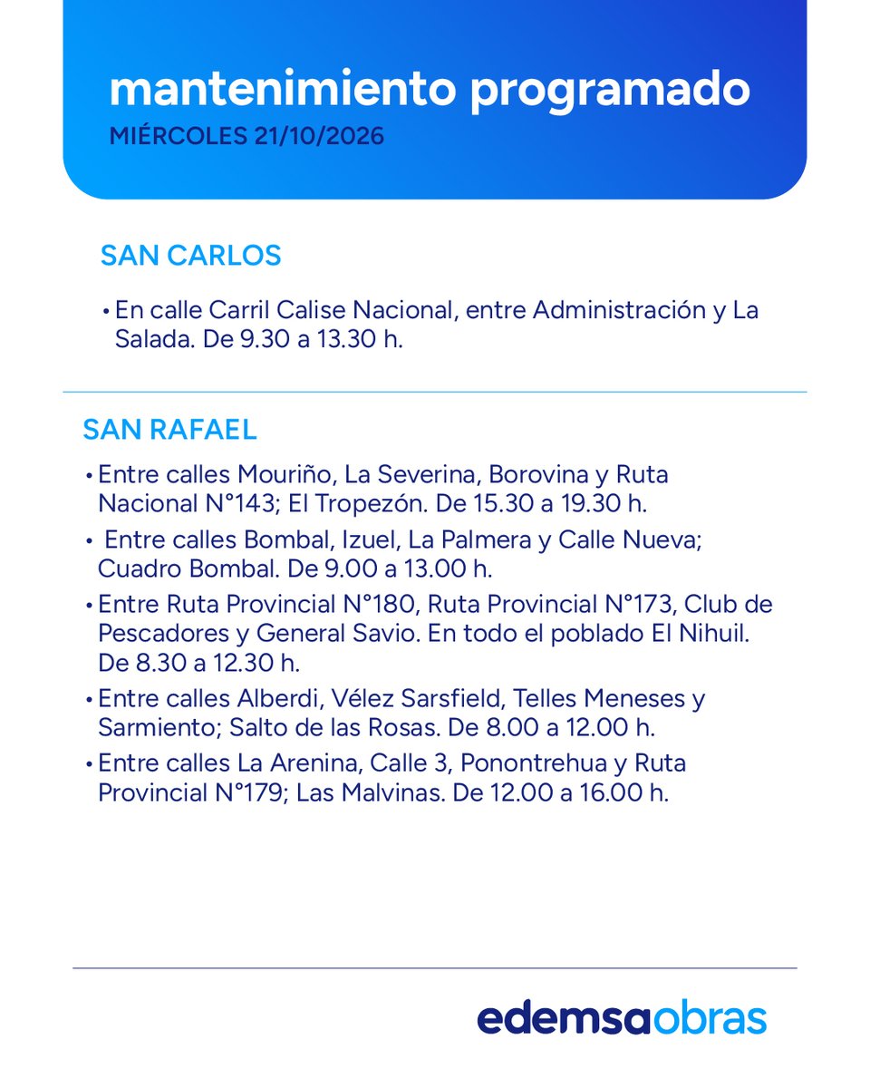 Edemsa's tweet photo. ⚠️ Mantenimiento Programado #Edemsa
Miércoles 21 de Octubre.
Afectación del servicio en las siguientes zonas y horarios.
Recordá que podés consultar el #Mantenimiento2026 en nuestra web https://t.co/dXA7e8Bp7r https://t.co/FSuZI0thdD