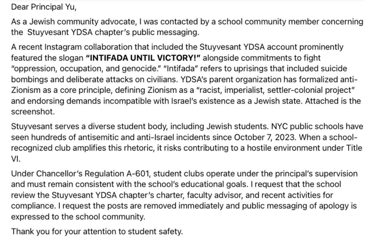 moshespern's tweet photo. 🚨 Stuyvesant High School’s YDSA club co-signed “INTIFADA UNTIL VICTORY!”

They called themselves an “unapologetically anti-Zionist” movement and said their loyalty is to Palestine, not any elected official.

This is a public NYC high school. That slogan refers to campaigns of suicide bombings and stabbings that targeted Jewish civilians. When a school club posts it, Jewish students become the target. 

The antisemitic DSA should not be anywhere near our public schools. This violates DOE policy and should’ve been removed when it was reported by United Jewish Teachers this morning.