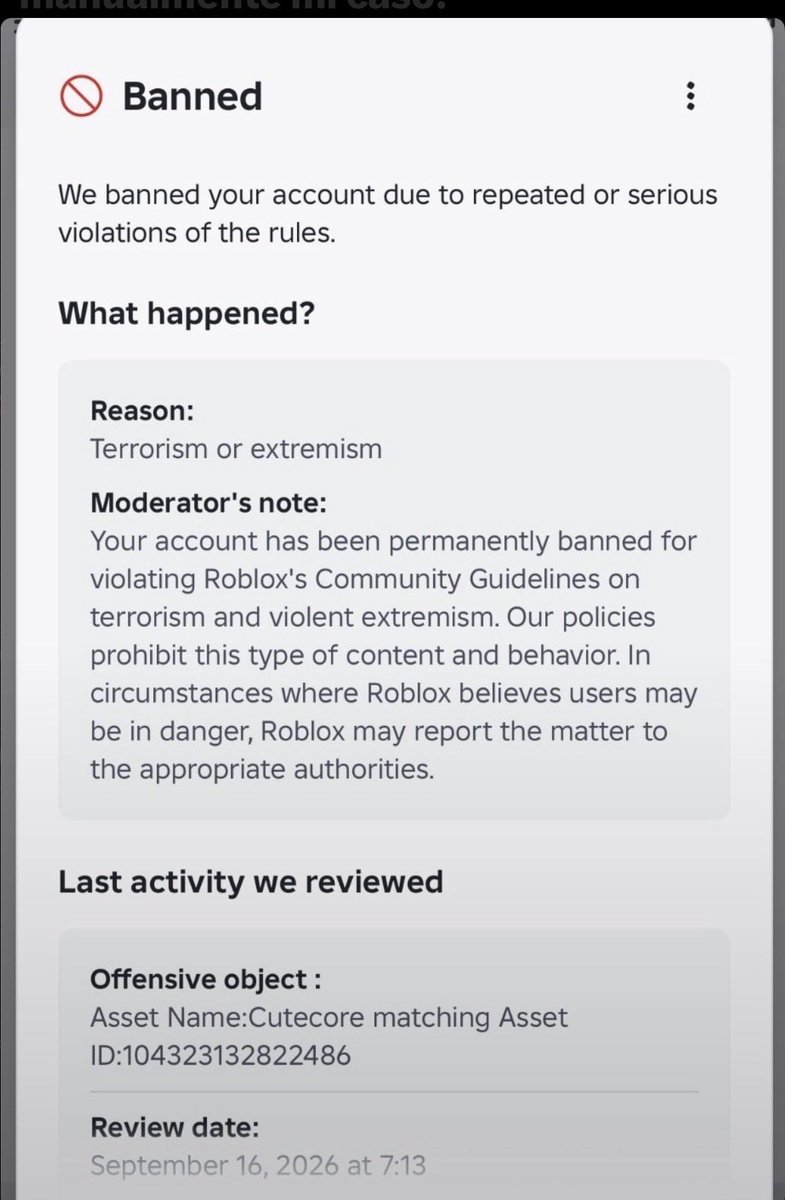 Isiwinini's tweet photo. @Roblox I still can’t believe my account h6rqou was permanently banned over the word “cutecore.” 💔 The clothing items I uploaded contained nothing wrong or related to terrorism or extremism. There are so many clothing items with the same name still available on the Roblox Marketplace, so I genuinely don’t understand why mine resulted in a permanent termination. I lost my account over something that seems like a misunderstanding, and all I’m asking for is a fair HUMAN review. Please don’t let a possible mistake cost me my account forever. 😭

@RobloxCreators @Roblox @Roblox_RTC