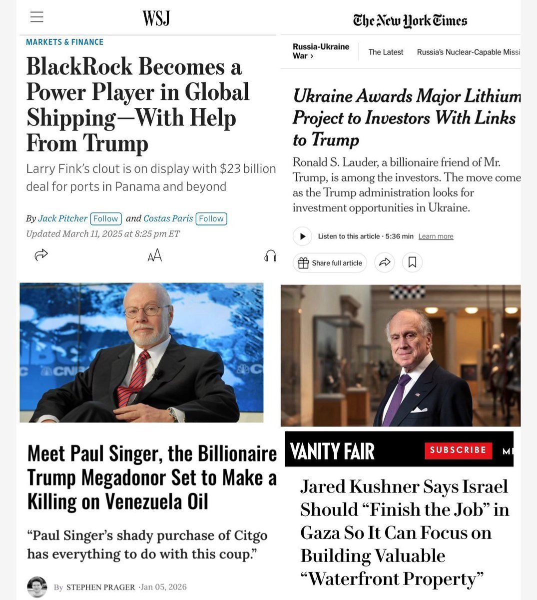 Libertymama888's tweet photo. @jaredkushner @WSJ Zionist billionaires continue to use global conflicts to enrich themselves.  Just another "anti-Semitic trope" being realized. 

It doesn't help that Epstein associates like Marc Rowan are sitting on the Gaza "Board of Peace" for some reason. https://t.co/bAvGUE0e5t