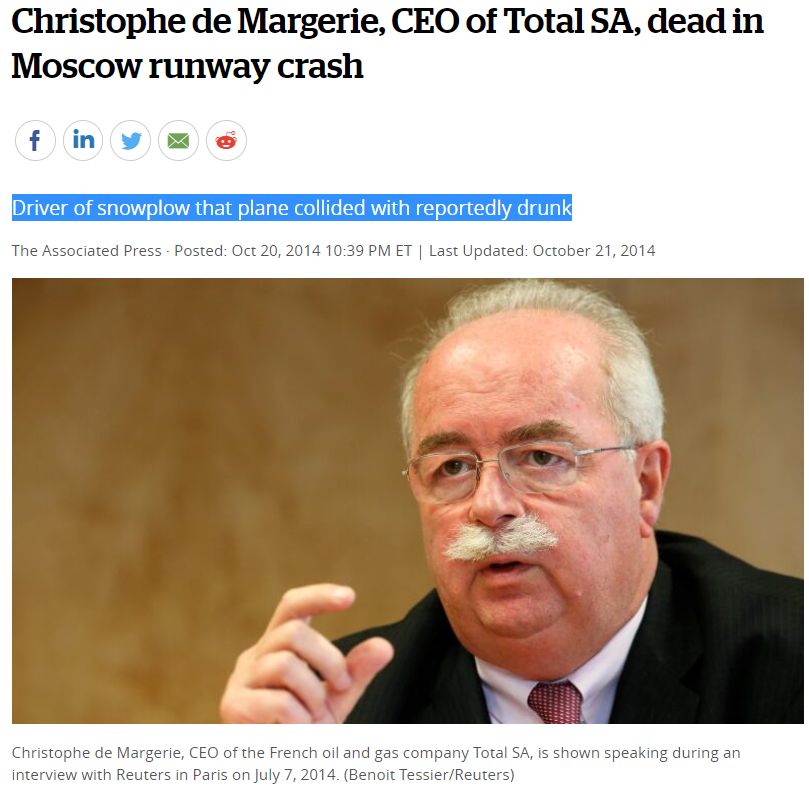 OnDisasters's tweet photo. Also on this date, one of those accidents that doesn´t happen only in Russia, but mostly in Russia

October 2014: a corporate Falcon 50 crashes in Moscow. All 4 aboard die, including Christophe de Margerie, CEO of Total Oil. On take-off at night, in fog, aircraft hit a snowplow that had stopped on the runway. 

The inquiry noted severe flaws on airport supervision, including that the snowplow operator was drunk 

 As a result of the investigation, the airport chief executive of Russia's Vnukovo airport and his deputy resigned.

 Aircraft [Registration F-GLSA] was operated by Unijet - a company specialized in VIP operations – as Unijet Flight 074