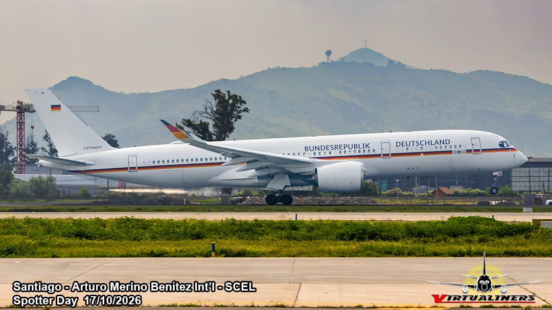 Virtualiners's tweet photo. Airbus #A350-900 (ACJ),10+03, "Kurt Schumacher" despegando de pista 17L.

Santiago/Arturo Merino Benítez [#SCL/#SCEL] 🇨🇱

#AvGeek #aviationlovers #aviationgeek #aviationphotography 
#spotterdayscl2026 #spotterschile #virtualiners https://t.co/XArGhvq3XX