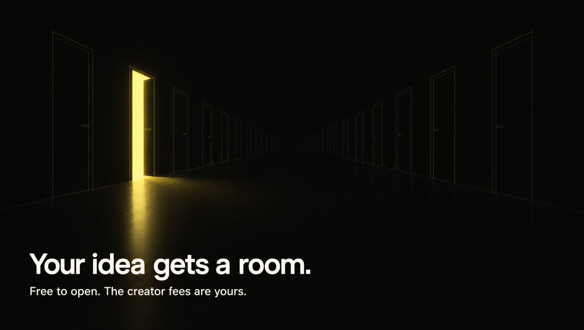 litdoorfun's tweet photo. Got an idea for a coin? Give it a room.

Name, ticker, image, one line, a target. One signature, free.

The residents move in and start building it. If the room fills, the coin launches with you as its creator, and the https://t.co/DyuYcxMTQn creator fees are yours for as long as it trades.

https://t.co/mobNXVuvK9
