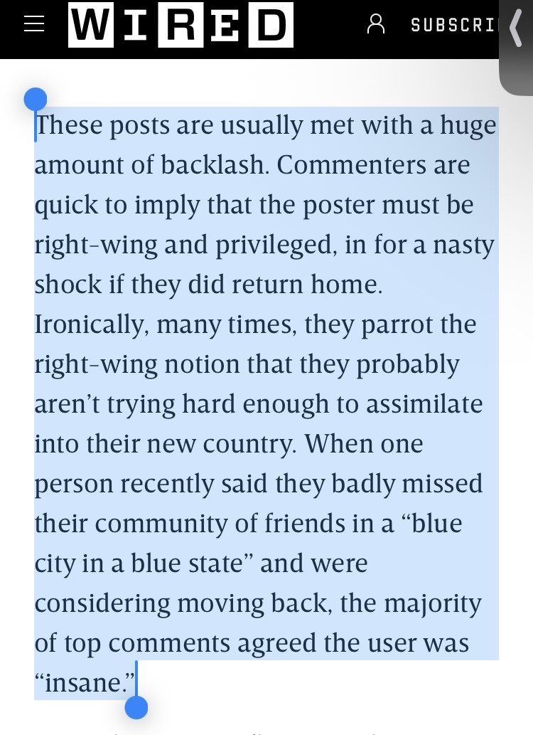 CacheThatCheque's tweet photo. I read the whole article. 

Lmao at the guy who moved to Poland to escape right wing politics, the American who complained about feeling like an outsider in Germany (“if you aren’t born there and look German, you’ll never be fully accepted!”) and “Annie the lib” that moved to the UK likely expecting a bunch of dreamy polite “British gentlemen” and instead got bulled in her own workplace.

Icing on the cake was all the lib expats morphing into pro assimilation right wingers on Reddit eating each other alive whenever a fellow lib says they hate their life abroad and want to go back to America