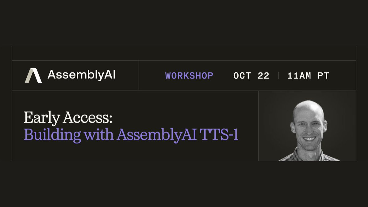 AssemblyAI's tweet photo. Thursday, October 22nd at 11am PT: a live first listen of our upcoming Text-to-Speech model with Tom Shapland, Head of New Products.

AssemblyAI-TTS-1 is our new Text-to-Speech model for voice agents. It’s built for conversation, with the natural pacing and self-corrections real callers expect.

Register: https://t.co/1XoBVtPlEt