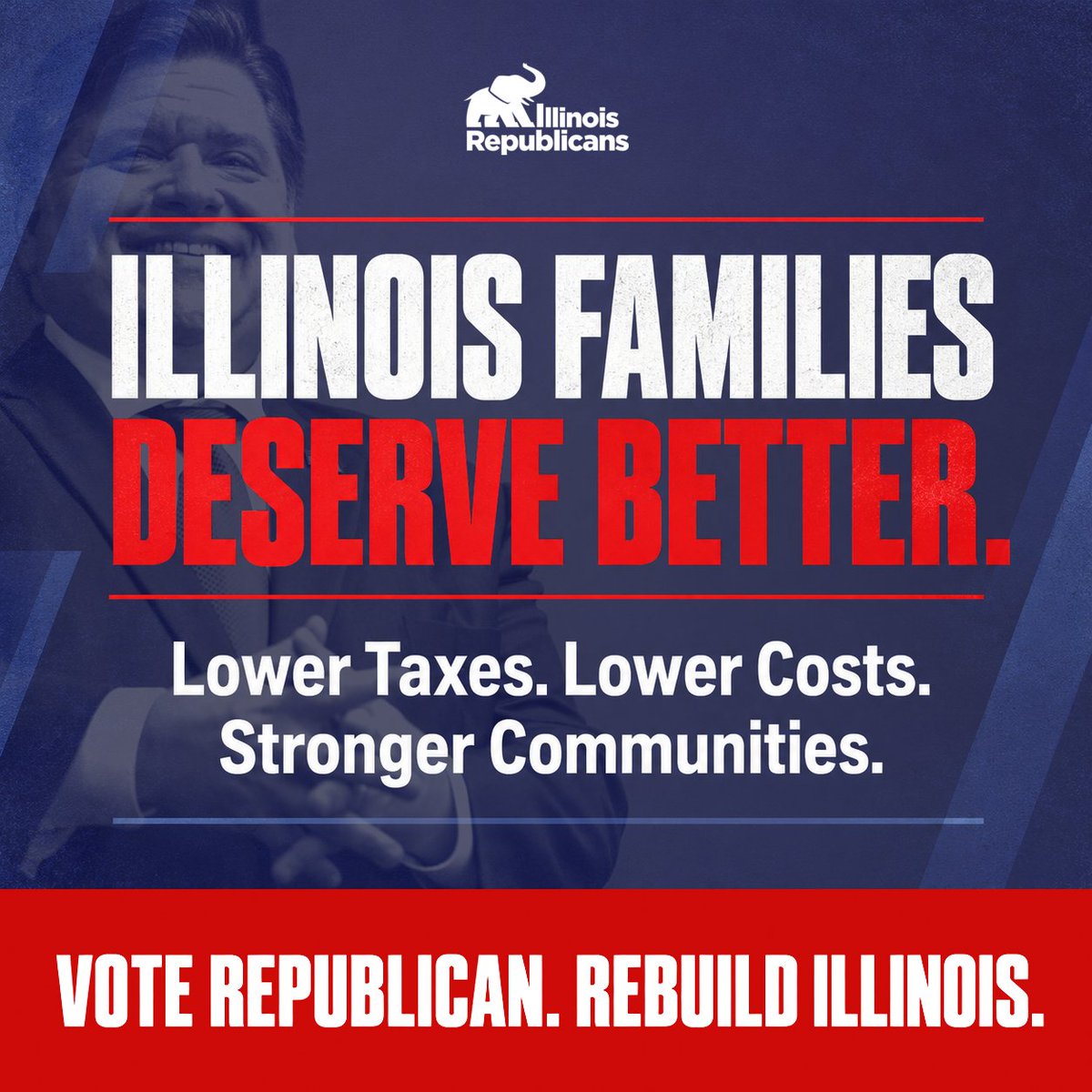 ILGOP's tweet photo. Higher taxes, rising costs, and Springfield's tax-and-spend status quo won't fix themselves.

 Real change requires leaders who put Illinois families first.

From local races to the top of the ticket, vote GOP to restore fiscal sanity, lower your cost of living, and rebuild Illinois. 🔴🗳️