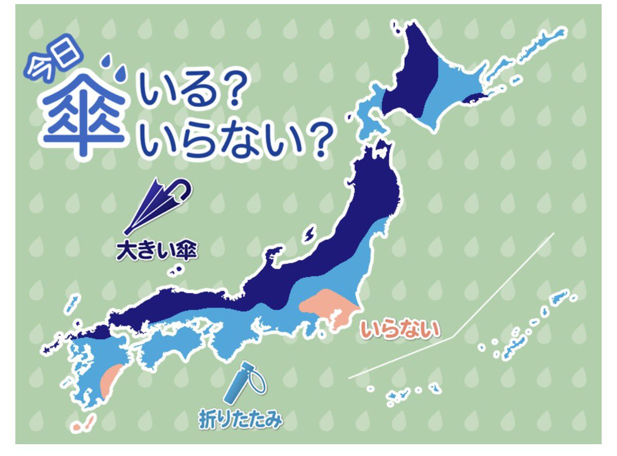 W1R5N5TGKSzBAWr's tweet photo. おはようございます🙋♂️✨
今日の全国だいたい天気予報です👨🏫
日本海側は☔️
太平洋側は30度に迫る暑さ🥵
秋の勘違い真夏日の場所があるでしょう。
でも全国的に雨予報☔
折り畳み傘持って出かけましょう♪
不思議な天気になります☝️🕵️♂️
では良い1日を🙆♂️🙆♀️🙆✨
#weathernews https://t.co/ZAxm73957S