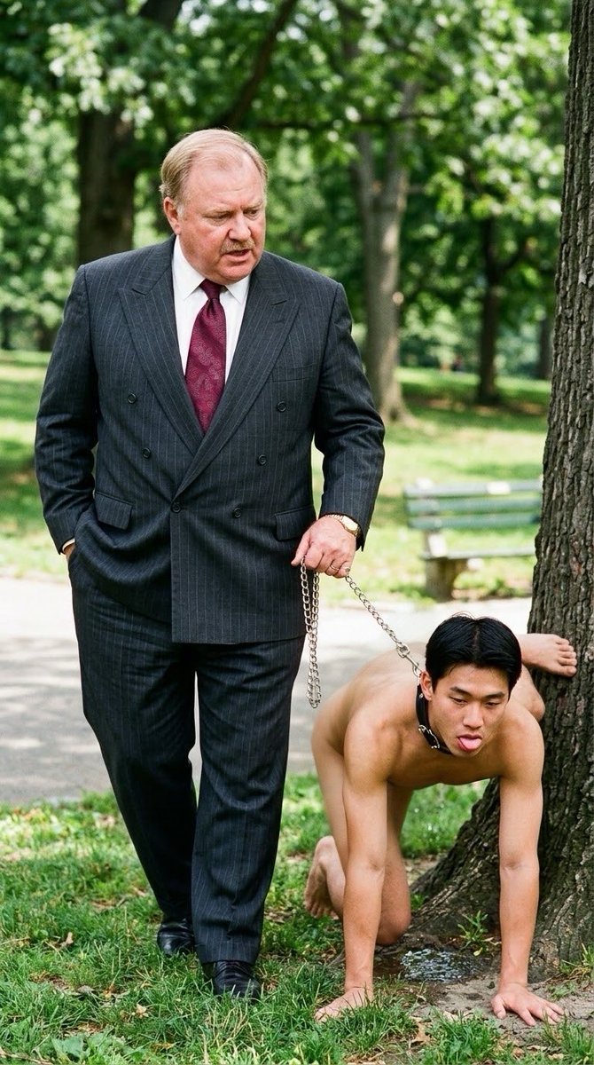 ppptttalt's tweet photo. A man is free to take a piss in private whenever he wants. A well-trained dog, on the other hand, needs to hold it and beg its owner for permission first. The master decides when and where his dog is allowed to empty its bladder.

Only when the master gives permission does the dog get to go. It focuses completely on the master’s hand. One tug of the leash and the dog lifts its leg high, fully exposing itself, and starts pissing on command. A second tug tells it the act is over. The dog lower its leg and crawls back into place.

That is simply how a well-trained dog is expected to relieve itself — submissive, and obedient, with nothing to hide.