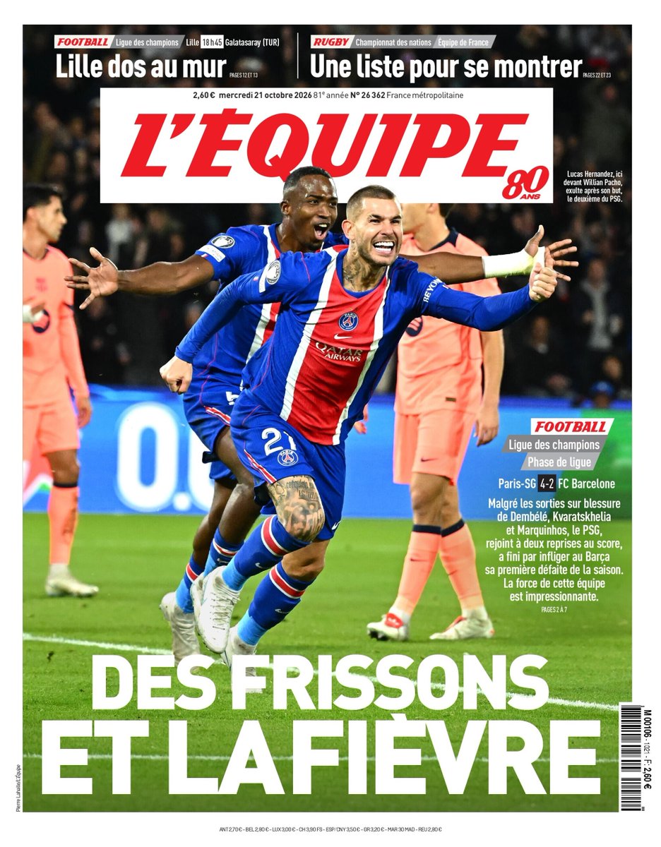 lequipe's tweet photo. 🗞️ La une du journal L'Équipe du mercredi 21 octobre 2026 https://t.co/QKLRoB3Qmt