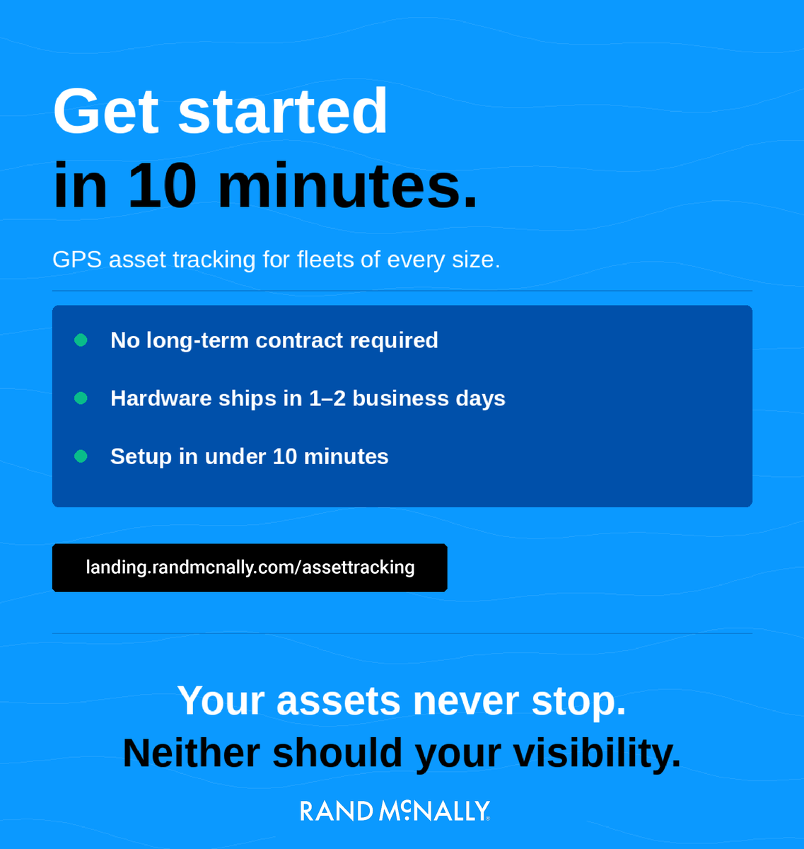 randmcnally's tweet photo. No long-term contracts. No technician needed. Hardware ships in 1–2 days.

If you run a fleet and you're still guessing where your assets are — there's no reason to wait.

https://t.co/jKdOqVbXc1

#GPSTracking #FleetManagement #AssetTracking #Logistics #NoContracts #RandMcNally https://t.co/PEF79nni5K