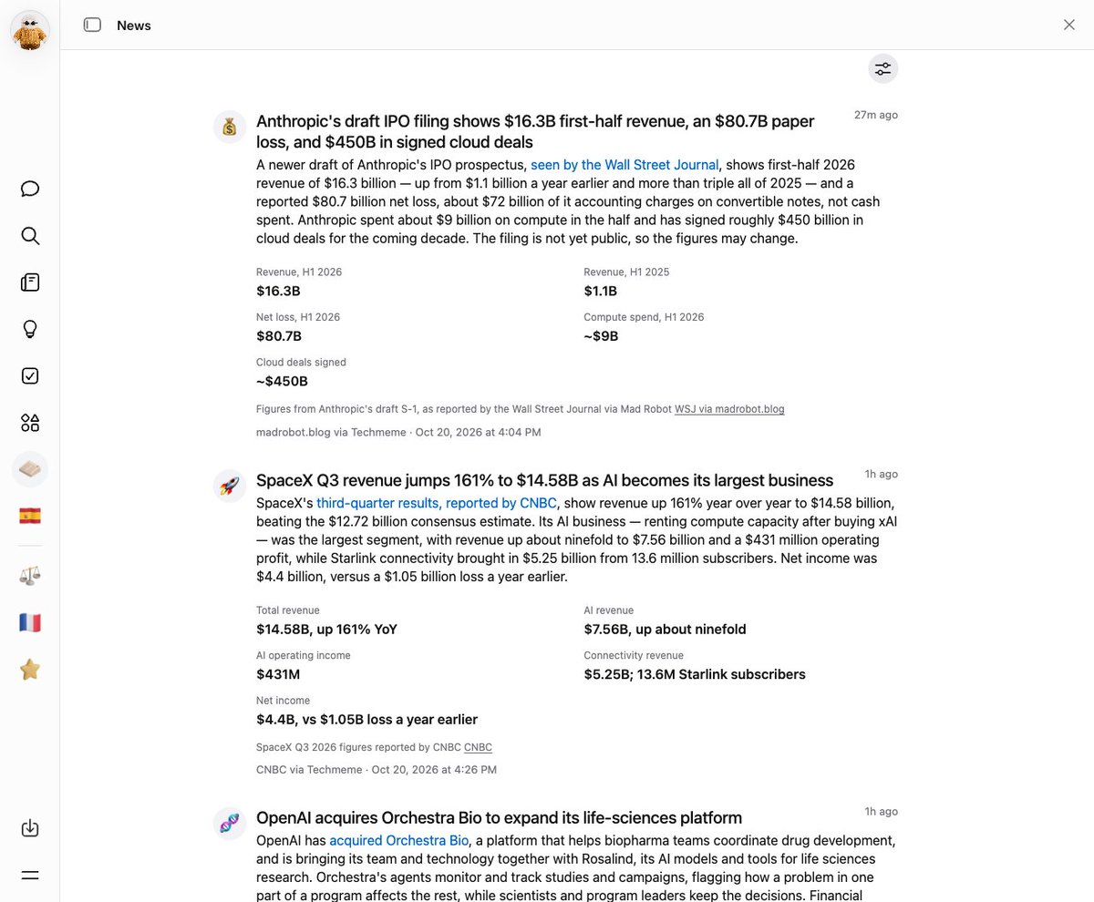 _simonsmith's tweet photo. Muse feed is good but coverage is light, about one item every two hours. I had Muse build a custom news artifact to augment it. Scans Hacker News, Techmeme, and high-signal X accounts every hour, filters against inclusion criteria, alerts me to anything urgent based on alert criteria.

So far, it works really well. It shortlists posts every hour and reads the ones that pass its initial filter, then writes up summaries. It stores everything in whatever database artifacts use (🤷‍♂️) so they're searchable.

I'd like to improve the visuals that accompany posts, including by incorporating images associated with the items, and polishing up the infographics.

I'd also like the ability to click "Discuss" on an item and discuss it in the chat with my Muse, but it's not clear this is possible. Muse tried it initially, based I guess on how it thought it should work, and it didn't.