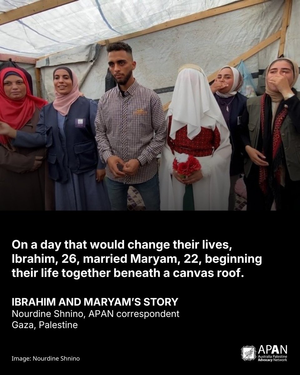 APAN4Palestine's tweet photo. Beneath a canvas roof in Deir al-Balah, Ibrahim and Maryam began their married life together.

Both are the sole survivors of their families. After devastating loss and severe injuries, they are building a future together amid displacement.

“All we needed to begin our life together was a home of our own and a sincere promise to each other.”

Read the full story here: https://t.co/8e8bCIrxlz

By APAN’s Gaza correspondent, Nourdine Shnino