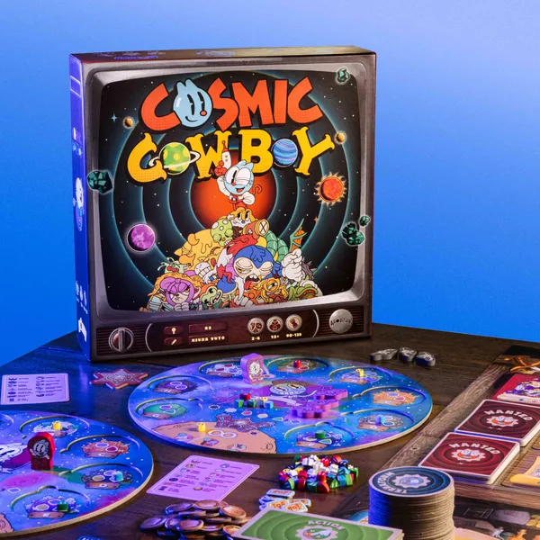 BoardGameJay's tweet photo. In this action selection board game, you play as a space cowboy hunting bounties in a cartoon styled world

-Upgrade your planets
-Place workers in a Mancala like system
-Capture bounties from resources gained

This game is called Cosmic Cowboy https://t.co/1t2UAQLg2i