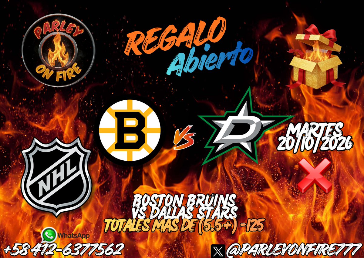 parleyonfire777's tweet photo. Martes de Regalo Abierto 🎁 NHL🏒 Fallado❌
#apuestasdeportivas #freepicks #freepicksdaily #GAMBLINGX #sportsbetting #sportsbettingpicks #betting #NHL #NHLPicks #NHLBetting #BostonBruins #DallasStars @NHLBruins @DallasStars @NHL @NHLPR @NHLMedia https://t.co/NWcyPbshaT
