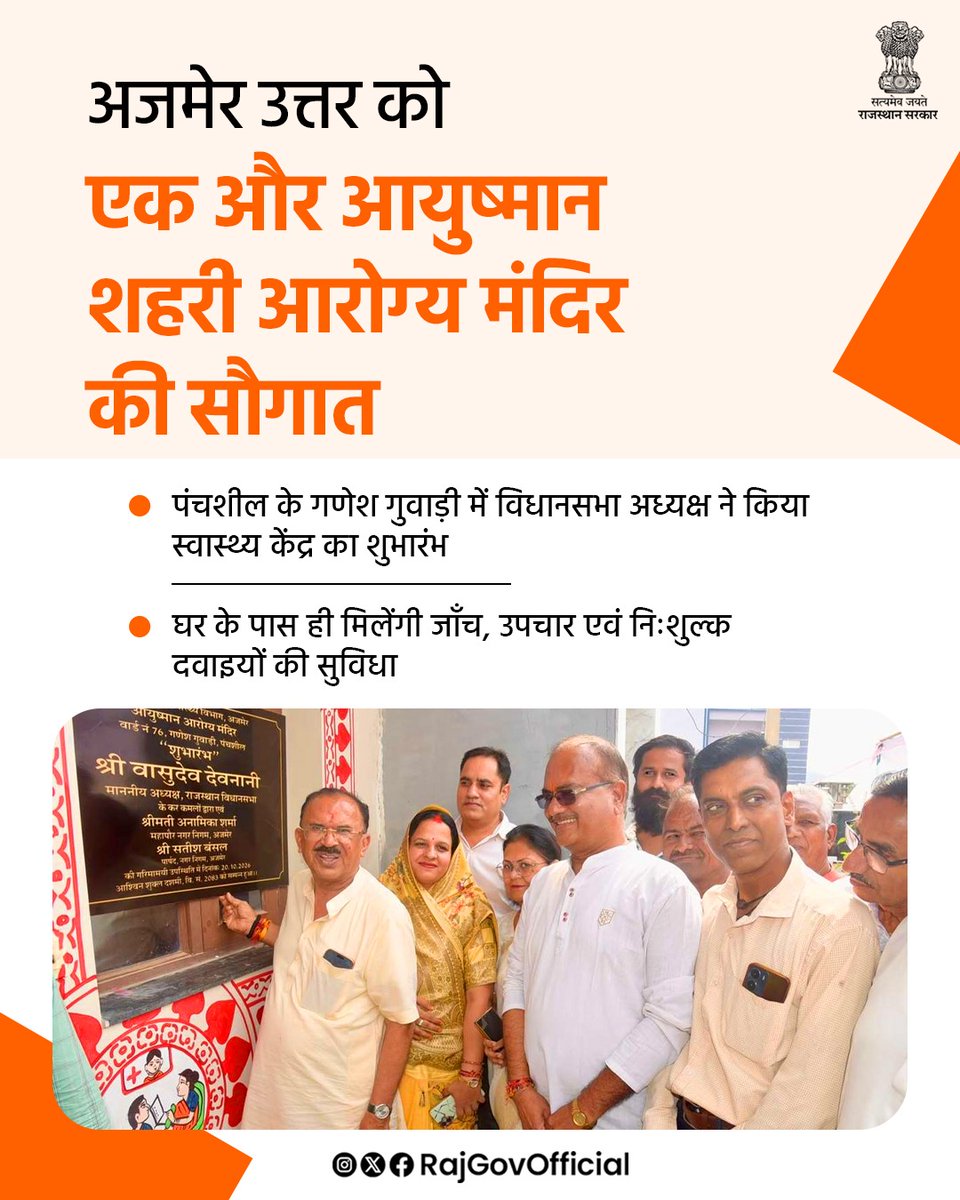 RajGovOfficial's tweet photo. विधानसभा अध्यक्ष श्री वासुदेव देवनानी के प्रयासों से, अजमेर उत्तर विधानसभा क्षेत्र में, शहरी स्वास्थ्य सुविधाओं का निरंतर विस्तार किया जा रहा है। इसी क्रम में, पंचशील स्थित गणेश गुवाड़ी में आयुष्मान शहरी आरोग्य मंदिर का शुभारंभ किया गया। इस केंद्र के शुरू होने से क्षेत्रवासियों को सर्दी, खांसी, डायबिटीज, ब्लड प्रेशर सहित, विभिन्न सामान्य बीमारियों की जाँच, उपचार एवं दवाइयाँ घर के नजदीक ही, निःशुल्क उपलब्ध हो सकेंगी।
@VasudevDevnani
#आपणो_अग्रणी_राजस्थान