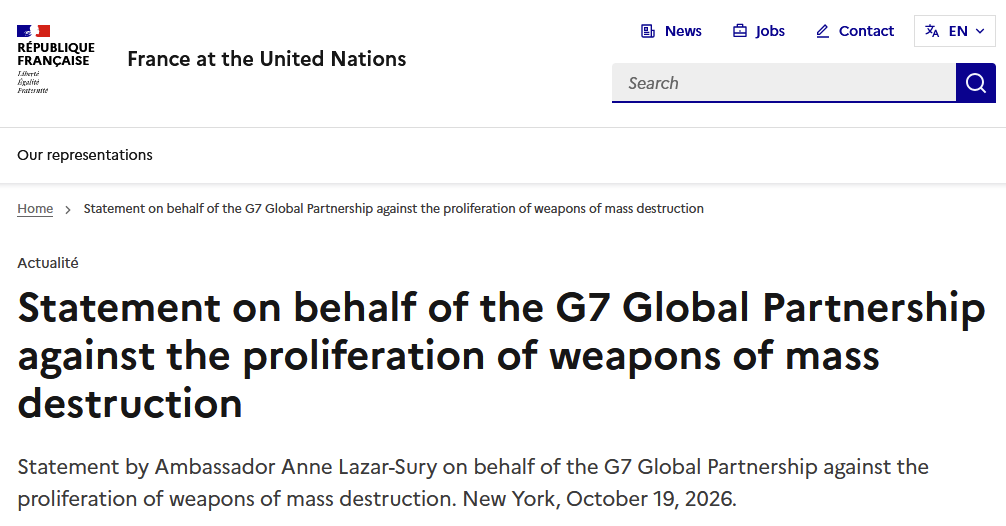JPZanders's tweet photo. #BiologicalWeapons #Disarmament #Disinformation #GlobalPartnership #France #Statement #FirstCommittee
Statement on behalf of the G7 Global Partnership against the proliferation of weapons of mass destruction
https://t.co/NUDW6QapqW

[...]
The G7 Global Partnership is renewing its activities to adapt to the international context. On the one hand, it continues to address persistent challenges, such as combating biological threats in Africa. On the other hand, the Partnership has launched new initiatives to respond to current crises. I would like to cite three examples:
    * Firstly, the Ukraine CBRN Information Sharing Initiative, which coordinates assistance in response to these threats in Ukraine;
    * Secondly, the Weapons of Mass Destruction Impact Initiative, which aims to anticipate and counter threats linked to emerging technologies;
    * Thirdly, an initiative to combat disinformation on weapons of mass destruction, because disinformation undermines trust and, consequently, the standards of our non-proliferation architecture.
[...]