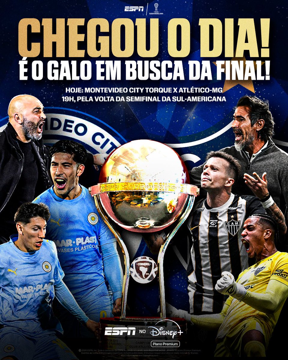 ESPNBrasil's tweet photo. O GALO QUER A FINAL! 🐔 Depois de aplicar um 3x0 no jogo de ida, o Atlético-MG vai até Montevidéu para garantir a sua classificação à decisão da Sul-Americana!

👉 Assista Montevideo City Torque x Atlético-MG, nesta quarta-feira (21), às 19h, ao vivo na ESPN pelo Plano Premium do #DisneyPlus.

#SulAmericanaNaESPN
