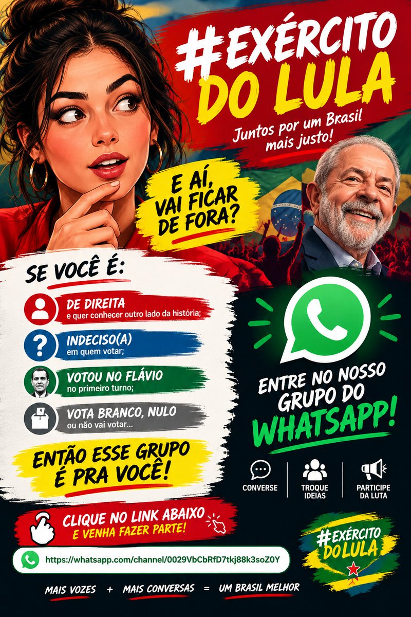 rcouto83's tweet photo. @demogracinha1 🗳️ Se você é de direita, indeciso, votou no Flávio no 1º turno mas não é bolsonarista, ou votou nulo/branco…

Esse canal é pra você.

Entre no Exército do Lula no WhatsApp e acompanhe o 2º turno sem briga e com informação:

https://t.co/iNiTcVqTHZ

#ExercitoDoLula https://t.co/r4X5nZoO95