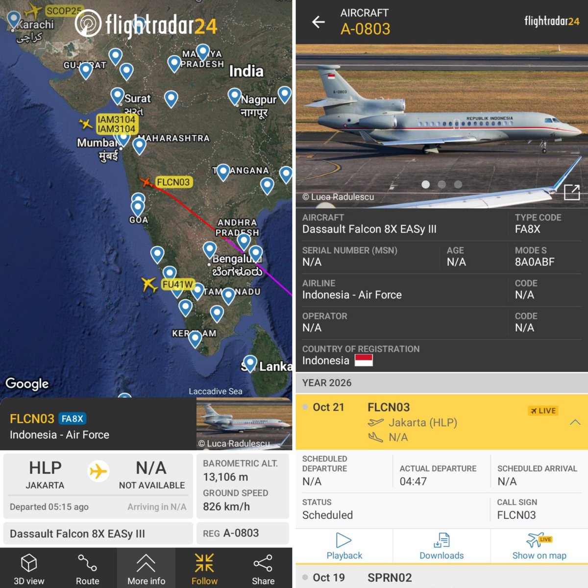 Ranosint's tweet photo. 🇮🇩🇶🇦🇵🇰🇹🇷 Indonesian Air Force VVIP Dassault Falcon 8X “FLCN03” (A-0803), left Jakarta this morning heading to Doha for a joint defense industry cooperation agreement with Türkiye, Pakistan &amp; Qatar. https://t.co/jb9ZHJFtEN