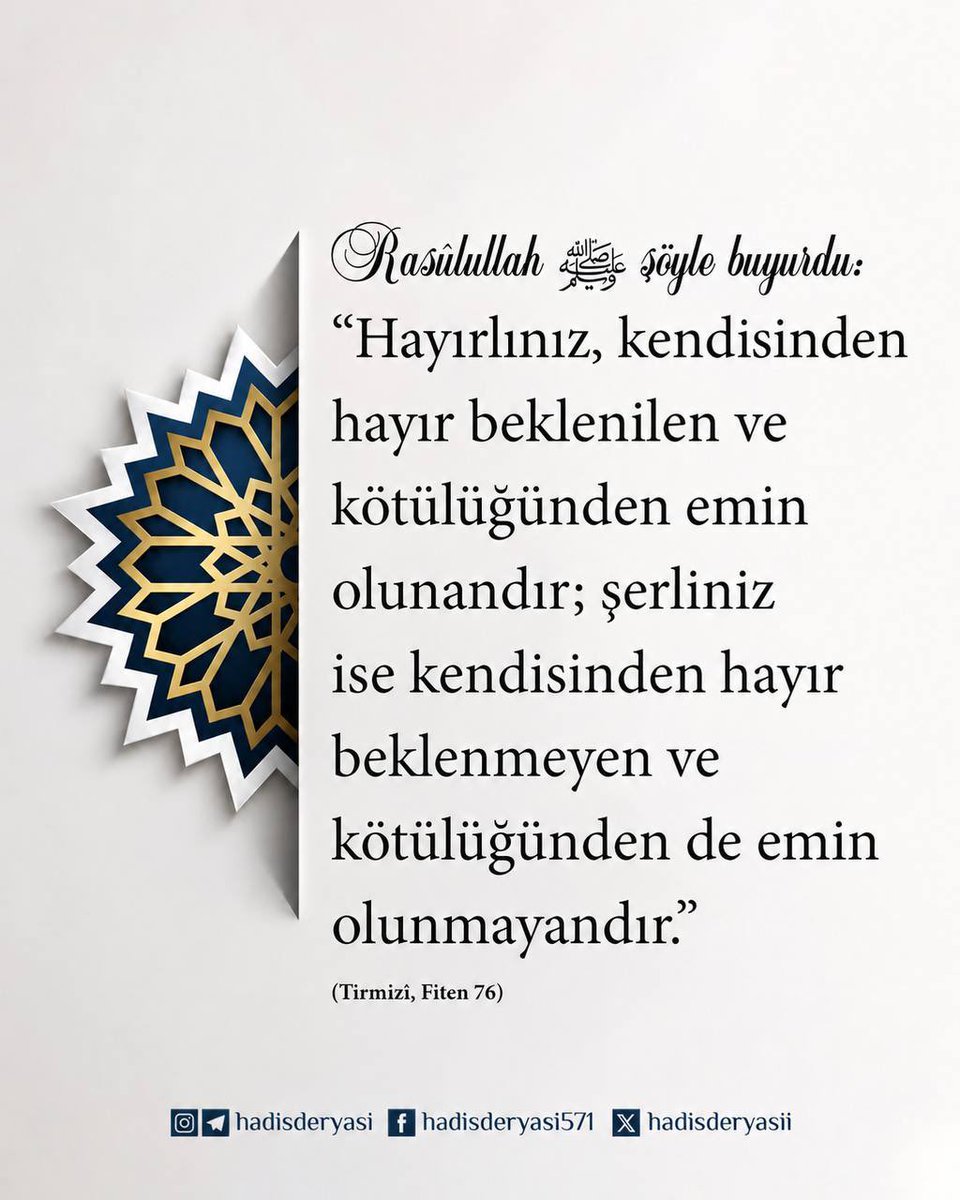 hadisderyasii's tweet photo. Rasûlullah ﷺ şöyle buyurdu:

“Hayırlınız, kendisinden hayır beklenilen ve kötülüğünden emin olunandır; şerliniz ise kendisinden hayır beklenmeyen ve kötülüğünden de emin olunmayandır.” (Tirmizî, Fiten 76) https://t.co/Kl3yo18eDY