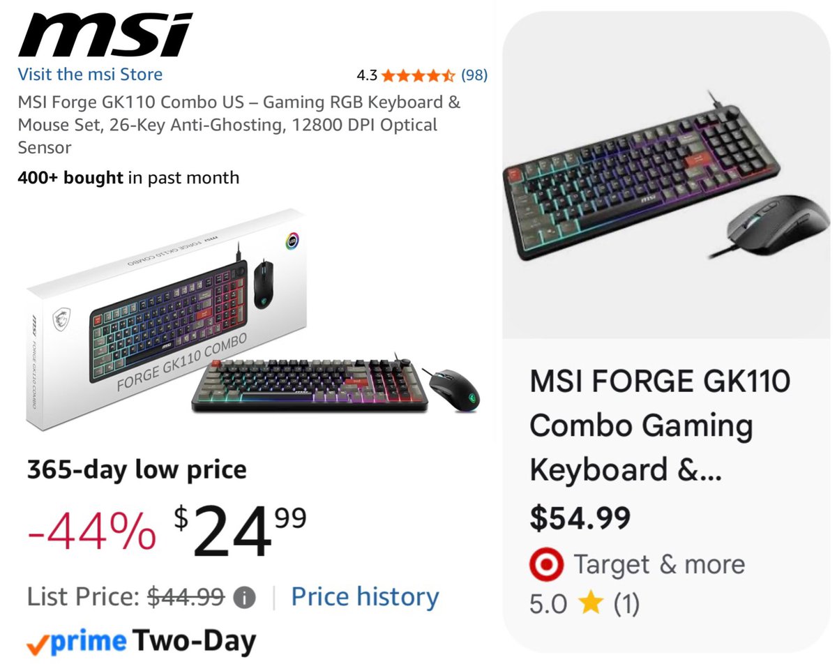 Pricerrors's tweet photo. MSI RGB KEYBOARD &amp; MOUSE SET FOR $24???

This combo is at an all-time low at Amazon, can’t get it for cheaper

https://t.co/PUrfq2pziX

Same set goes for $55 currently at Target

Not sure how much stock is left still #ad https://t.co/zSTZxpvdfg