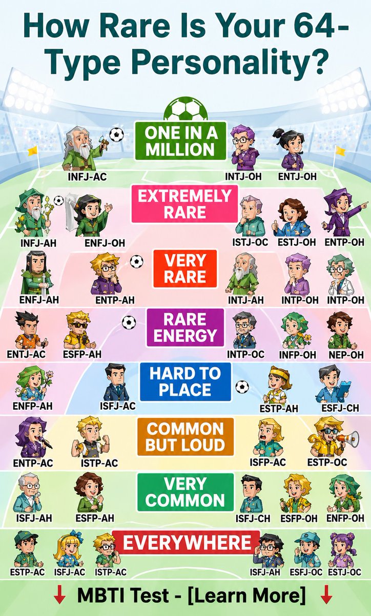 16persontype's tweet photo. I always felt like my MBTI description was close,
but not completely “me”.

The same INTJ, INFJ, or ENFP can have totally different personalities depending on their subtype.

Some are common.
Some are surprisingly rare.

Now I want to know:

What type did you get?