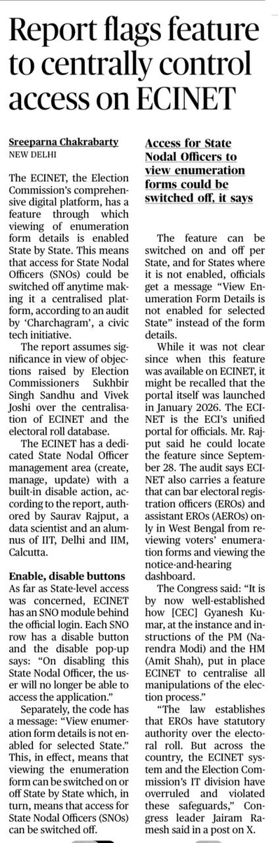 SushantSin's tweet photo. If this is not a criminal act by Gyanesh and gang, what else is, dear CJI? It meant that ECINET had control over which state could be view the enumeration form details. Not hard to guess that opposition-ruled states would have been switched off by Gyanesh. https://t.co/OkPcayyz15