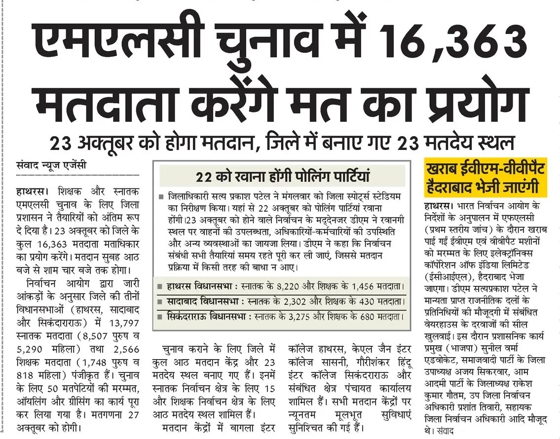 dm_hathras's tweet photo. एमएलसी चुनाव की तैयारियों का जिलाधिकारी ने लिया जायजा|

@ECISVEEP @SpokespersonECI @ceoup @InfoDeptUP @Deo_Hathras @sppatel69

#eci #ecisveep #Hathras #निर्वाचन2026 #जिला_प्रशासन_हाथरस #हाथरस #dmhathras https://t.co/FnlaLXwIZP
