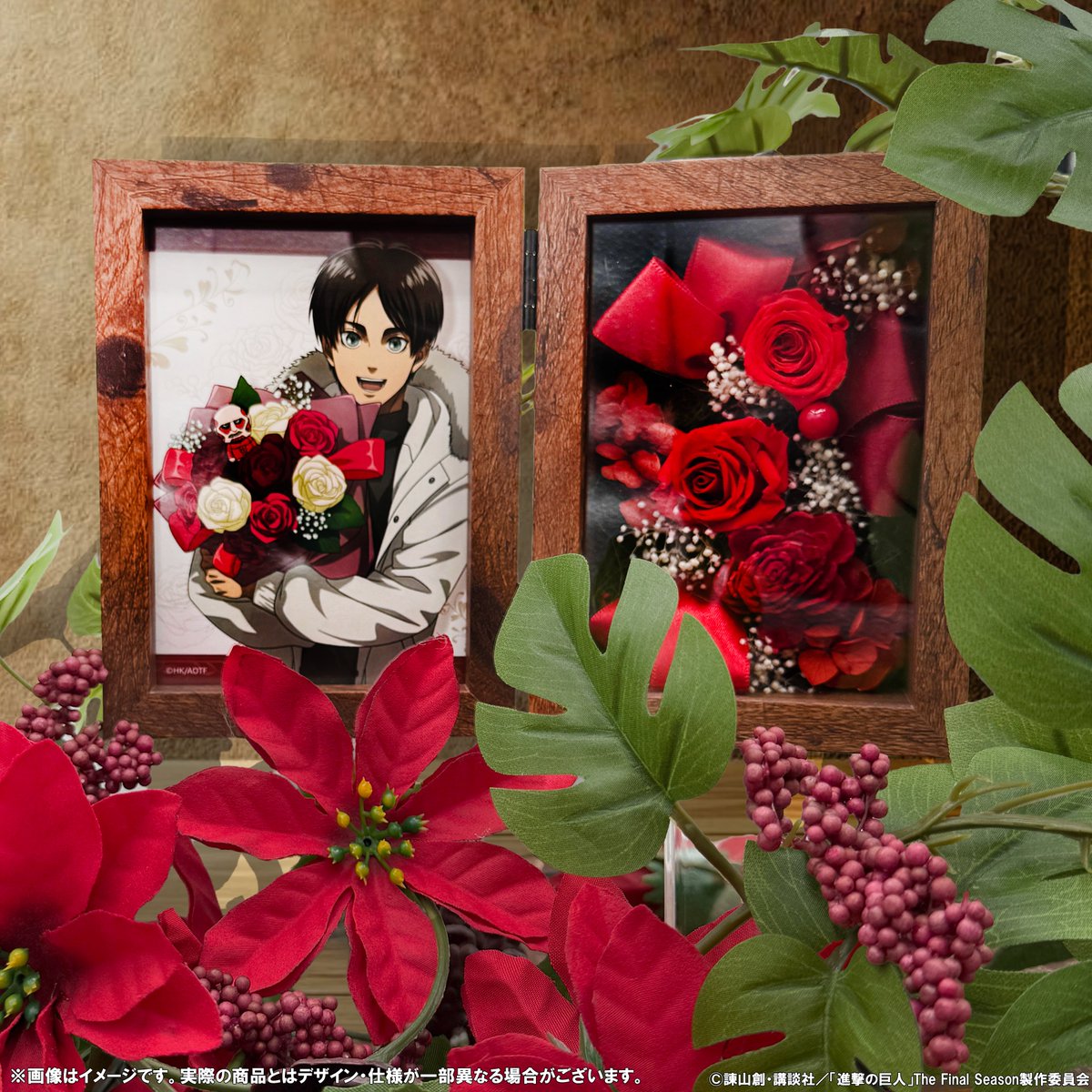 GetsoshiMart's tweet photo. 【#進撃の巨人　商���紹介①】
描き下ろし内でキャラクターが持つ花束をイメージした「プリザーブドフラワー」が登場！🌹

⬇️ 詳細＆ご注文予約はこちらから！
https://t.co/pNAVNM9nLt

📅受注予約期間
2026年10月23日（金）12:00～2026年11月13日（金）12:00　まで
※税込11,000円以上のご注文で国内配送料無料！

#shingeki